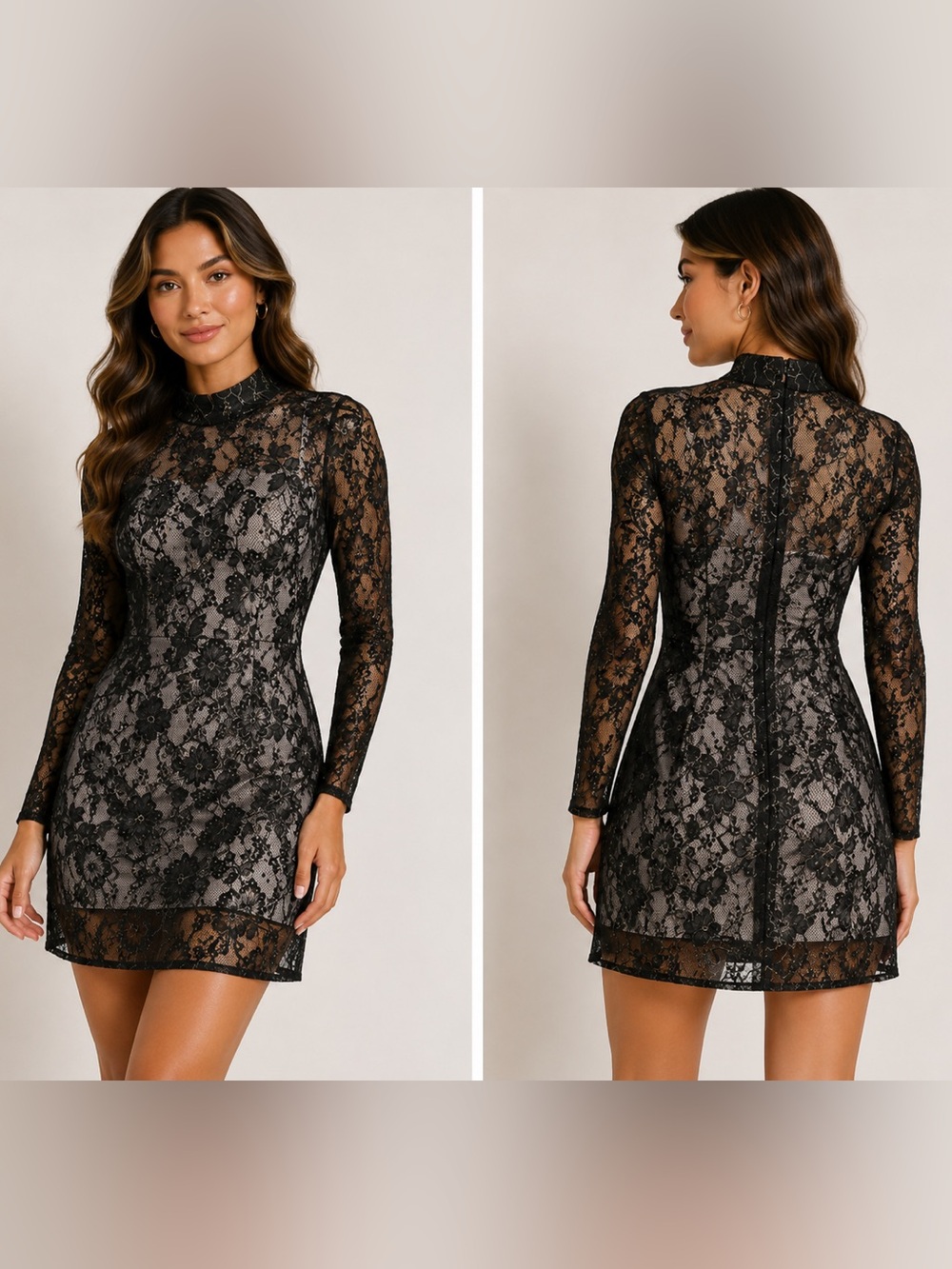 Charles Henry NWOT Black Metallic Gold Lace Mock Neck Long Sleeve Dress Hoco Sm